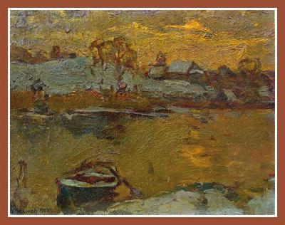 14032 Winter evening on the river Msta” (oil on cardboard, 14"x18", 1984) Russian Art Exhibition in Art Danish 2005